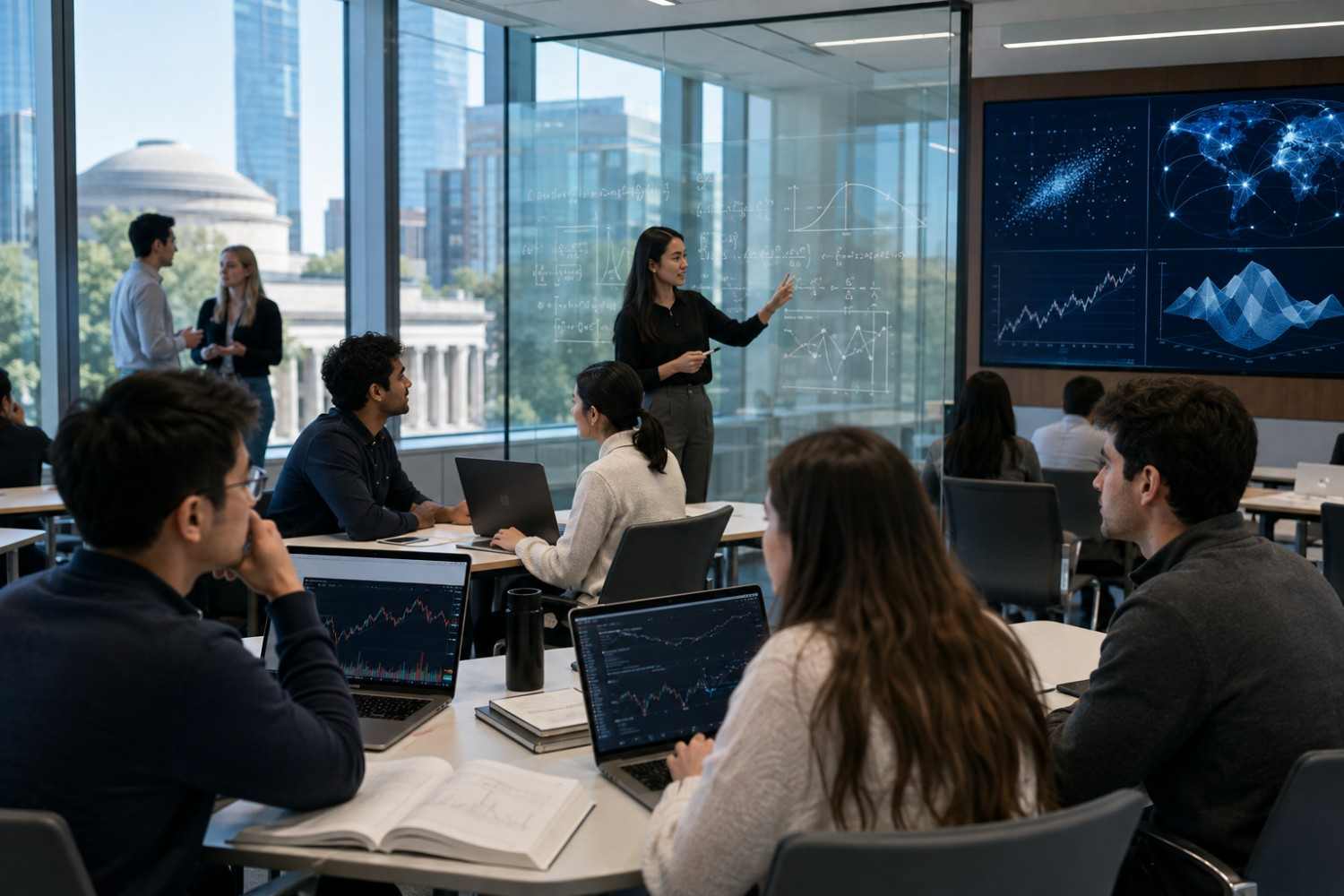 "MIT MFin students attending a finance lecture with data analysis screens and collaborative classroom learning"